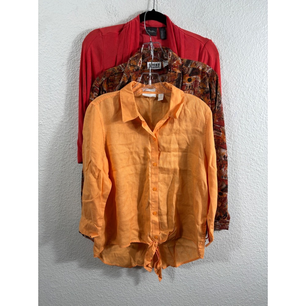 Chicos Lot of 3 Tops Size 0 Orange Linen Tie Front‎ Cardigan Art Print Travelers